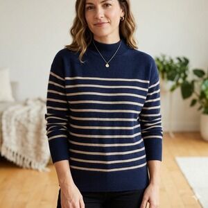Magaschoni Cashmere Sweater Womens Small Navy Blue Striped Mock Neck Oversized